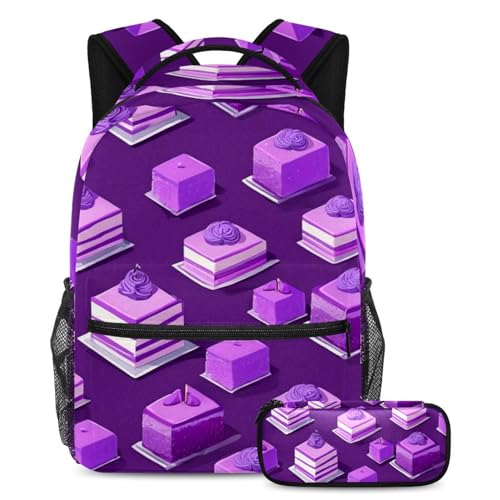 Rucksack mit Federmäppchen, ein stilvolles und praktisches Schulranzen-Set für Jungen, Mädchen und Teenager, violettes Dessert-Muster, mehrfarbig, B：29.4x20x40cm P：19x7.5x3.8cm, Tagesrucksäcke von Generisch