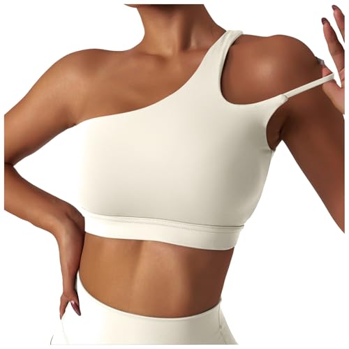 Rückenfreier Sport-BH für Damen, eine Schulter, gepolstertes Bustier, Push-Up-Gymnastik-Tops, Träger, Yoga-BH, Workout-BH, Fitness-Bralette Damen Klein (Beige, L) von Generisch