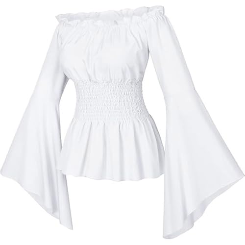 Rüschenbluse Damen 70Er Langarm Elegant - Renaissance Top Mittelalter Bluse Trompetenärmel Off Shoulder Gothic Viktorianische Shirt Taille Gürtel Pirate Halloween Karneval Kostüm Outfit von Generisch