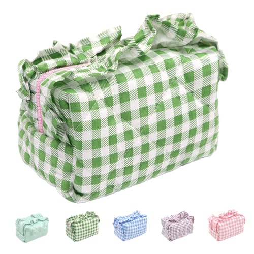 Ruffle Pouch Bag, Gingham Ruffle Makeup Bag Pouch, Aesthetic Puffy Toiletry Bags Make up Organizer, for Women Girls (Green) von Generisch