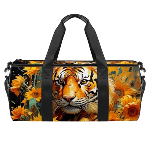Runde Sporttasche mit abnehmbarem Schultergurt, Ölfarbe, Sonnenblumen, Tiger, Trainingshandtasche für Damen und Herren, mehrfarbig, Einheitsgröße, Handgepäck Runde Sporttasche mit abnehmbarem Schultergurt, Ölfarbe, Sonnenblumen, Tiger, Trainingshandtasche für Damen und Herren, mehrfarbig, Einheitsgröße, Handgepäck von Generisch