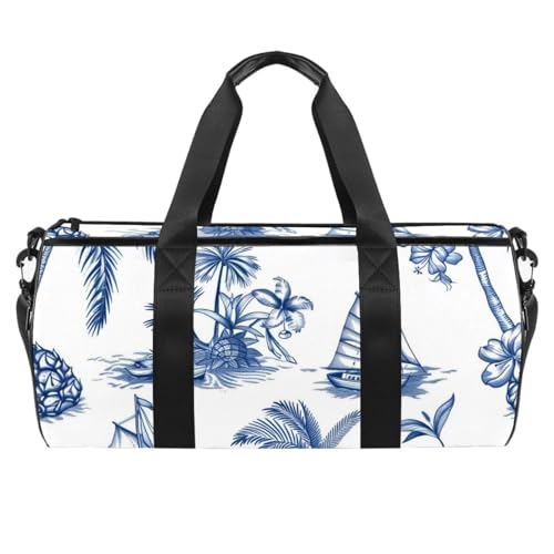 Runde Sporttasche mit abnehmbarem Schultergurt, blau, tropische Insel-Druck, Trainingshandtasche, Übernachtungstasche für Damen und Herren, mehrfarbig, Einheitsgröße, Handgepäck Runde Sporttasche mit abnehmbarem Schultergurt, blau, tropische Insel-Druck, Trainingshandtasche, Übernachtungstasche für Damen und Herren, mehrfarbig, Einheitsgröße, Handgepäck von Generisch