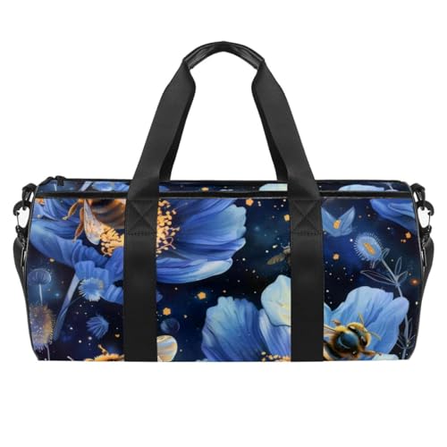 Runde Sporttasche mit abnehmbarem Schultergurt, blaue Blumen, Bienen, Trainingshandtasche, Übernachtungstasche für Damen und Herren, mehrfarbig, Einheitsgröße, Handgepäck Runde Sporttasche mit abnehmbarem Schultergurt, blaue Blumen, Bienen, Trainingshandtasche, Übernachtungstasche für Damen und Herren, mehrfarbig, Einheitsgröße, Handgepäck von Generisch