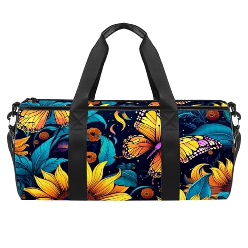 Runde Sporttasche mit abnehmbarem Schultergurt, fantastische lila Sonnenblume und Schmetterling, Trainingshandtasche für Damen und Herren, mehrfarbig, Einheitsgröße, Handgepäck Runde Sporttasche mit abnehmbarem Schultergurt, fantastische lila Sonnenblume und Schmetterling, Trainingshandtasche für Damen und Herren, mehrfarbig, Einheitsgröße, Handgepäck von Generisch
