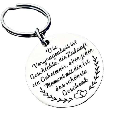 Runder Schlüsselanhänger mit Gravur – Geschenkidee mit Spruch – Edelstahl/Metall – mit liebevollem Spruch – Geschenk für Mama, Papa, Partner oder beste Freunde (Vergangenheit ist Geschichte) von Generisch