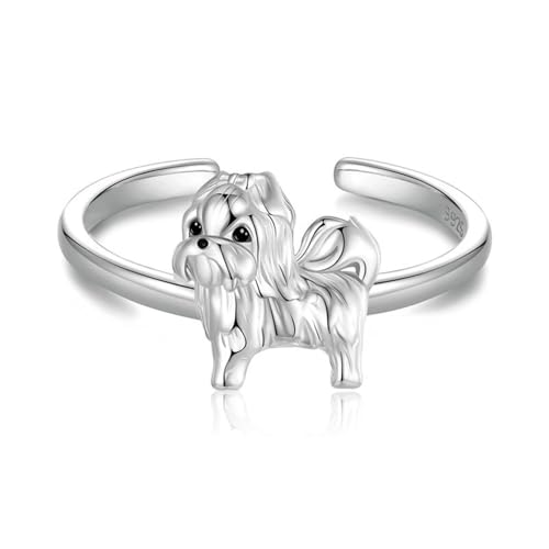 S925 Sterling Silber Süßer Shih Tzu Hundering, Welpe Hund Tier Statement Ring, Stapelringe Ring, Süßer Cartoon Welpe Verstellbares offenes Band, Hundering von Generisch
