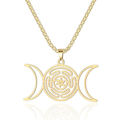 SIPURIS Hecate Halskette Dreifach Mond Göttin Anhänger Rad der Hecate Halskette Edelstahl Witchcraft Göttin Symbol Magie Wiccan Pagan Schmuck Geschenke für Männer Frauen (Gold) von SIPURIS