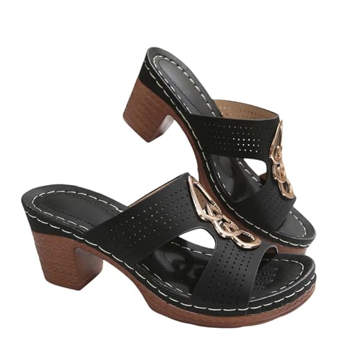 Sadalen Damen mit Absatz Atmungsaktive Hausschuhe Vintage Freizeitschuhe Hohl Blockabsatz Hausschlappen Peep Toe Rutschfeste Kleid Schuhe Elegant Arbeitsschuhe Bequem Pantoletten Hoher Absatz Slipper von Generisch