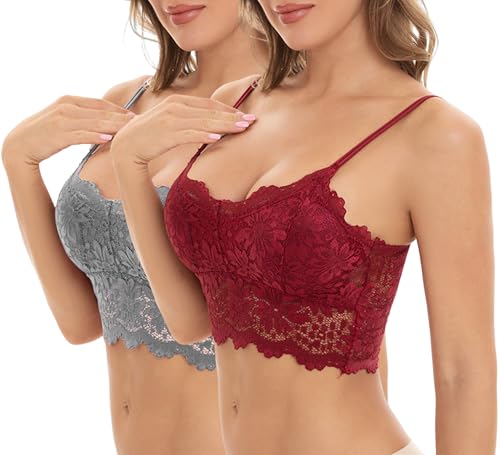 BH Damen ohne Bügel Push up 1/2/3er Pack Nahtloser Bralette Bustier Blumen Spitze Damen-BHS Ultrakomfortable Tshirt BH Baumwolle Crop Top Sport Bralette für Alltag Yoga Fitness Grau Rot S M von Generisch
