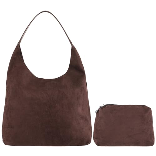 Samt-Wildleder-Tragetasche für Damen, braune Hobo-Tasche mit großem Fassungsvermögen und Innentasche mit Reißverschluss, Schultertasche für Arbeit und Ausflüge, coffee, Einheitsgröße von Generisch