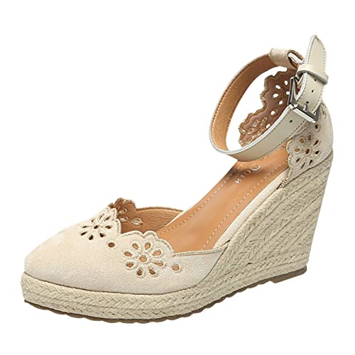 Sandalen Breite Füße Damen Slip On Sandalen Damen Bestickte Keilabsatz Seil Schuhe Ankle Wrap Toe Plattform Retro Lady Comfy Espadrille Pumps 42 Schwarz Mädchen (Beige, 40) von Generisch