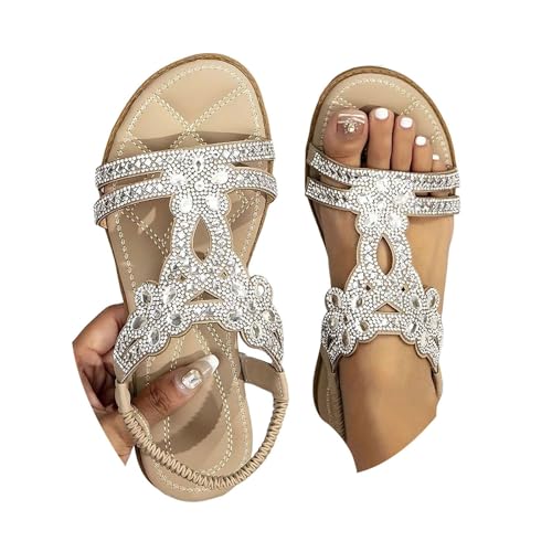 Sandalen Damen BöHmischer T-Riemen Frauen Sandals Flache Strass Slippers Elegant Hausschuhe Weichen Sohlen Schlappen Glitzer Flip Flops Gummiband Slingback Sandalen MäDchen Strandschuhe Sommerschuhe von Generisch
