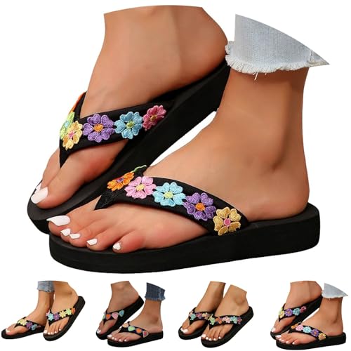 Sandalen Damen Flach Bequem Freizeitsandalen Weichen Bequem Zehensandalen Blumendeko Pantoffeln Slip-On-Sicherheits Strandsandalen Stilvoll Und Schön Freizeitschuhe Leicht Flip Flops von Generisch