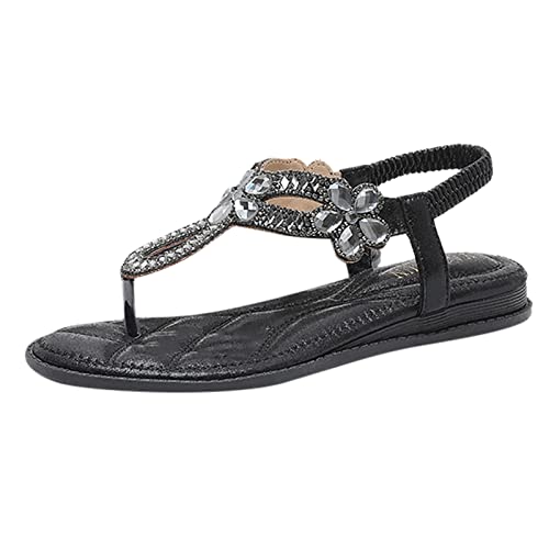 Sandalen Damen Sommer Elegant Boho Flache Sandalen mit Strass Glitzer T-Riemen Sommerschuhe Flip Flops Weichen Sohlen Bequem Sandaletten Freizeit Gummiband Slingback Strandsandalen (09-Black, 39) von Generisch