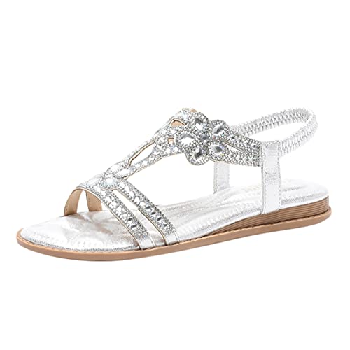 Sandalen Damen Sommer Elegant Flache Strass Böhmischer T-Riemen Frauen Weichen Sohlen Sommerschuhe Glitzer Flip Flops Gummiband Slingback Sandalen Mädchen Strandschuhe von Generisch