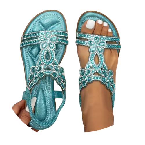 Sandalen Damen Sommer Freizeit Flach Sandalette mit Strass Perlen Bohemia Strand Schuhe mit Weiche Fußbett Sommerschuhe Glitzer Boho Casual Ankle Elastic Flip Flops Damensandalen von Generisch