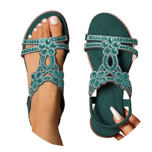 Sandalen Damen Sommer Freizeit Flach Sandalette mit Strass Perlen Bohemia Strand Schuhe mit Weiche Fußbett Sommerschuhe Glitzer Boho Casual Ankle Elastic Flip Flops Damensandalen von Generisch