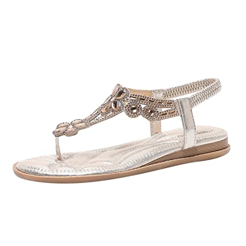 Sandalen Damen Sommer Glitzer Flache Sandalen Große Größen Strass Bohemia T-Riemen Weiche Sohlen Sommerschuhe Gummiband Slingback Elegante Schöne Mädchen Strandschuhe (08-Gold, 38) von Generisch