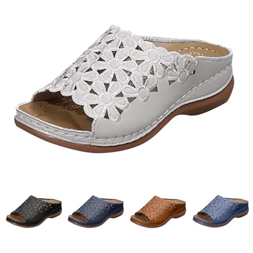 Sandalen Damen Sommer Mode Orthopädische Hausschuhe Open Toe Hausschuhe Obermaterial aus Leder Sandale Rutschfeste Gummi Sohlen Elegante Schuhe Leichte Trekking Platform Slippers Strand Pool Outdoor von Generisch