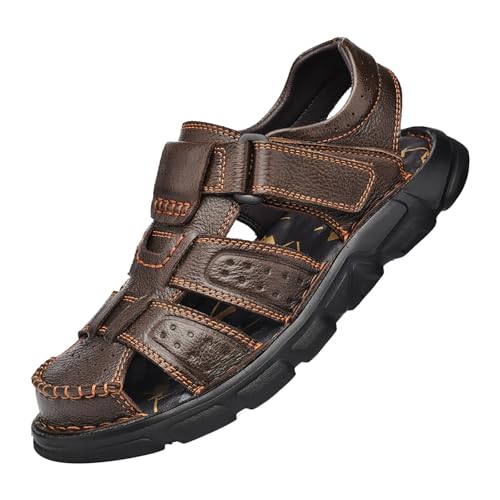 Sandalen Herren Leder Elegant Braun, Sommer Schlappen mit Kuhfell Geschlossen Hausschuhe Plateau Pantoletten Hoher Spann Wolkenschuhe Bequeme Wandersandalen Klassisches Sandals Schlupfschuhe von Generisch