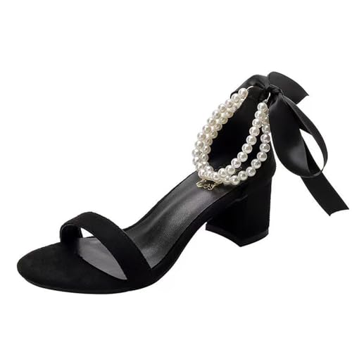 Sandaletten Damen Damen Sandalen Mit Blockabsatz, Mit Absatz Perlen Tanzschuhe Elegant Bequeme Absatzschuhe Knöchelriemen High Heels Sandals Offene Zehe Pumps Abendschuhe Stöckelschuhe von Generisch