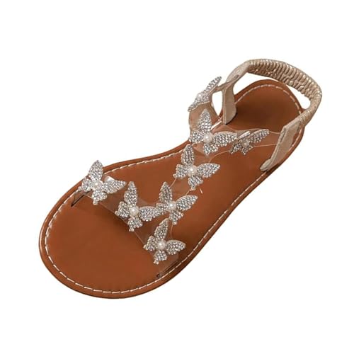 Sandaletten Damen Elegant, Damen Sandalen Glitzer Flach Blau Schmetterling Sommerschuhe Weichen Sohlen Strandsandalen Anti-Rutsch Peeptoe Sandalette Coole Ballerina Schuhe Barfussschuhe 1 von Generisch