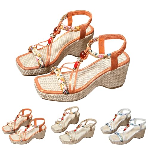 Sandals Sandalette Bohemia Damen Schuhe mit dicken Absätzen Elegant Ergonomische Perlen Bänder Gummiband Keilsandalen Sandals Leicht Plateau Sandalen Damen Freizeitsandalen von Generisch