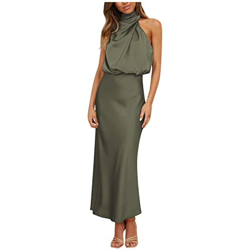 Satin Kleid Hochzeitsgast Damen Neckholder Kleid Damen Kleider Elegant Abendkleider für Hochzeit Cocktailkleid Ärmellos Partykleid Ballkleid Lang Wickelkleid Army Green XXL von Generisch