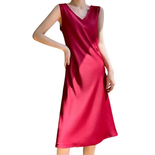 Satin Kleider Damen Elegant Knielang Sommerkleid Damen Leicht Ärmellos A Linie Kleid Sommer V Ausschnitt Sommerkleider Frauen Leicht Und Luftig Locker Damenkleider Knielang Einfarbig von Generisch