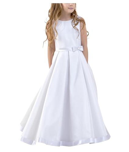 Satin Lange Kinder Kommunionkleid A-Linie Brautjungfern Kleider Blumenmädchenkleider für Mädchen Mit Schleife Weiß 146 von Generisch