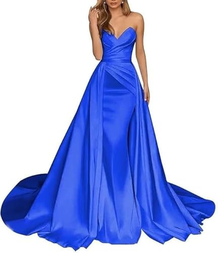 Satin Meerjungfrau Brautkleider trägerlos gerafft Brautjungfernkleider Korsett lang mit Schleppe formelles Abendkleid, königsblau, 3XL von Generisch