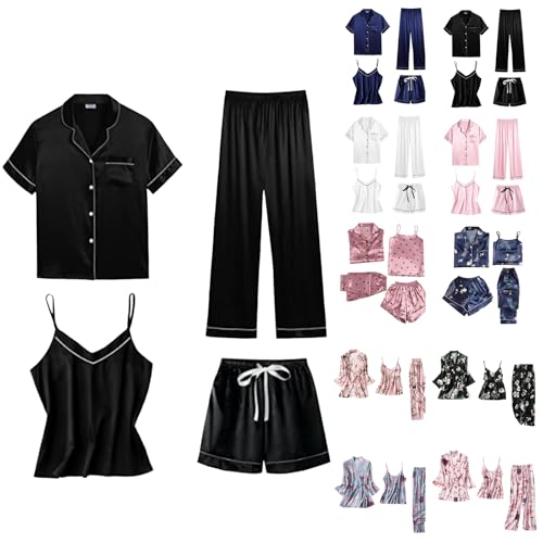 Satin Pyjama Damen Kurz 4 Teiliges Kurzarm Schlafanzug Nachtwäsche Cami Und Shorts Set Frauen Silk Pjs Sets Hemd Und Shorts Lange Hose Hausanzug Loungewear von Generisch