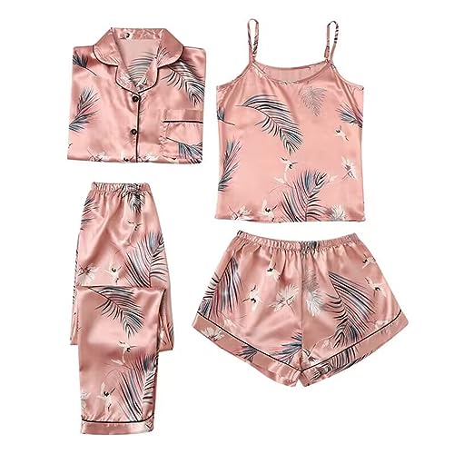 Satin Pyjama Damen Kurz 4 Teiliges Kurzarm Schlafanzug Nachtwäsche Cami Und Shorts Set Frauen Silk Pjs Sets Hemd Und Shorts Lange Hose Hausanzug Loungewear von Generisch