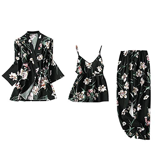 Satin Pyjama Damen Kurz 4 Teiliges Kurzarm Schlafanzug Nachtwäsche Cami Und Shorts Set Frauen Silk Pjs Sets Hemd Und Shorts Lange Hose Hausanzug Loungewear von Generisch