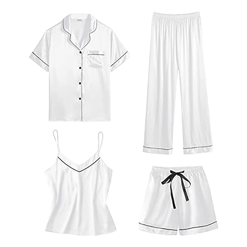 Satin Pyjama Damen Kurz 4-teiliges Kurzarm Schlafanzug Cami und Shorts Set Frauen Silk Pjs Sets Hausanzug Loungewear XS-XXL Pyjamahose Neujahr Weihnachts Pyjama Damen Set XS-XXL von Generisch
