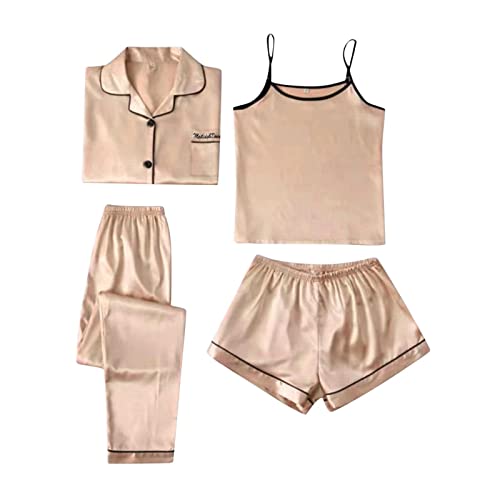Satin Pyjama Damen Kurz 4-teiliges Kurzarm Schlafanzug Cami und Shorts Set Frauen Silk Pjs Sets Hausanzug Loungewear XS-XXL Pyjamahose Neujahr Weihnachts Pyjama Damen Set XS-XXL von Generisch