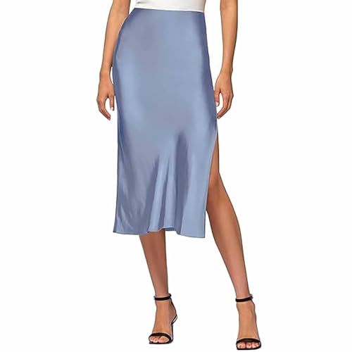 Satin Rock Damen Kurz - Röcke Damen Sommer Knielang Mit Schlitz Maxirock Hohe Taille Gerader Midi-Rock Einfarbige Freizeitrock Hüftrock Slim Fit Meerjungfrau Röcke Stufenrock Tellerrock Partyrock von Generisch