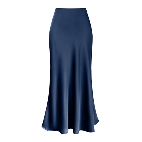 Satin Rock Damen Lang Hohe Taille Satinrock Einfarbig A Linie Skirt Elegant Sommer Trachtenrock Satinrock mit Reißverschluss Midi-Länge Fishtail Röcke Business Party Skirt Frauen von Generisch