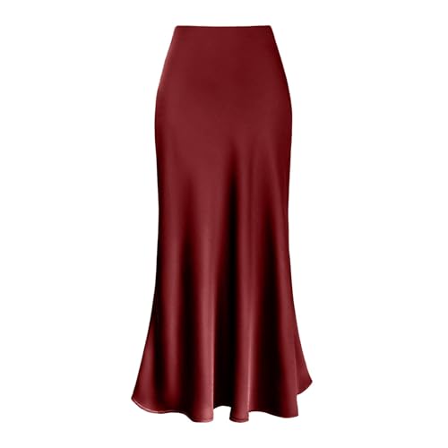 Satin Rock Damen Lang Hohe Taille Satinrock Einfarbig A Linie Skirt Elegant Sommer Trachtenrock Satinrock mit Reißverschluss Midi-Länge Fishtail Röcke Business Party Skirt Frauen von Generisch