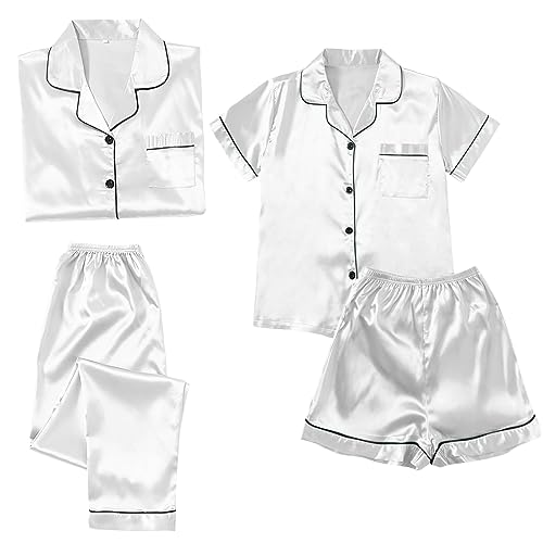 Satin Schlafanzug Damen Set Seide Pyjama - Lang 4-Teiliges Sets Frauen Silk Pjs Hemd Und Shorts Lange Hose Kuschel Pijamas Elegant Damenschlafanzug Hausanzug Loungewear von Generisch