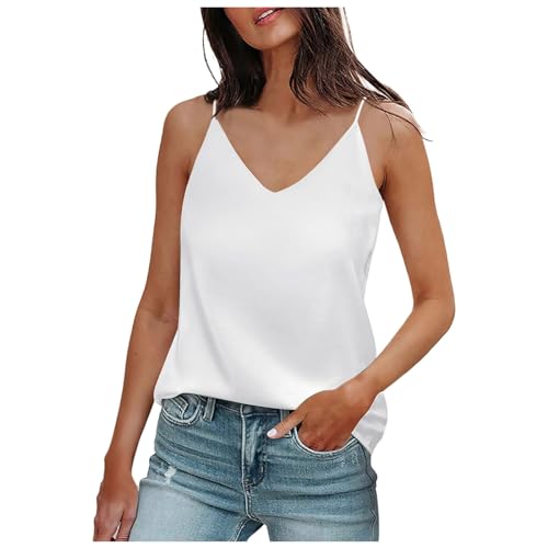 Satin Top Damen Elegant Unterhemden Top Satin Tanks Ärmellos Dessous Blusentop V Ausschnitt Spaghetti Strap Seidenbluse Ärmellose Tshirt Sexy Weste Shirt Unterhemden Spaghettiträger (White, XXXL) von Generisch