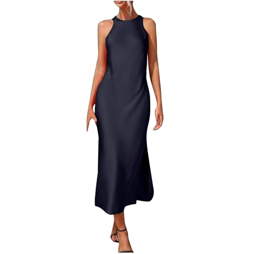 Satinkleid für Damen, Sommer, lässig, schmal, Neckholder, ärmellos, Schlitz, Midi-Kleid, elegant, Hochzeitsgäste, Seidenkleid, dunkelblau, S Satinkleid für Damen, Sommer, lässig, schmal, Neckholder, ärmellos, Schlitz, Midi-Kleid, elegant, Hochzeitsgäste, Seidenkleid, dunkelblau, S von Generisch