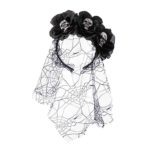 Schädel & Blumenschleier Stirnband für Frauen - Gothic Halloween Kostüm Zubehör Verstellbarer Haarreifen für Fotoshootings Party Cosplay Events - Elegante Braut Hexe Haarteil mit Gummizug von Generisch