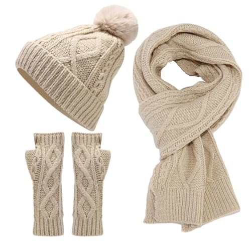 Schal-Handschuhe-Mützen-Set für Teenager-Mädchen, Damen und Herren, Herbst-Winter, warme Wollmütze, Schal-Handschuhe, dreiteilig Gelbe Mütze Herren (Beige, One Size) von Generisch