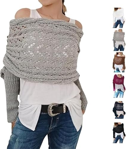 Schal mit Ärmeln Strick | Gestrickter Ärmelschal mit Häkelmuster | Gestrickter Zopfmusterschal mit Ärmeln für Damen | Knitted Cable Wrap Stola | Kaschmir Schal Damen | Multifunktionaler Pulloverschal von Generisch