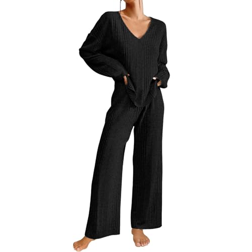 Schlafanzüge für Damen Langarm V-Ausschnitt Loungewear Hausanzug Weites Bein Schlafanzug Zweiteiler Set Outfit mit Taschen Black Friday Angebote 2024 Black Friday Angebote 2024 AB Wann von Generisch