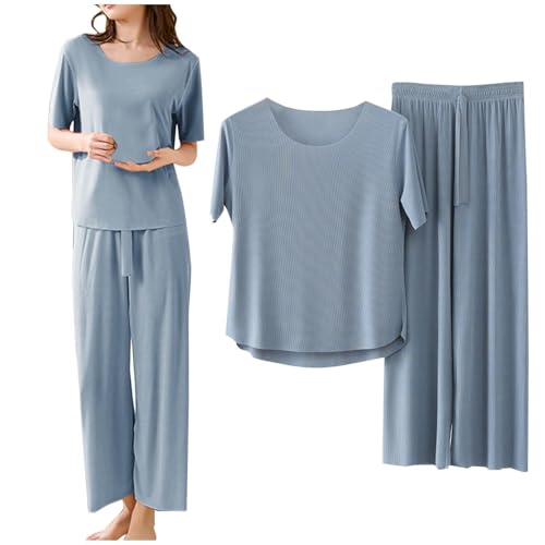 Schlafanzug Damen Baumwolle Kurzarm, Pyjama Damen Set 2Teilig Nachthemden Große Größen Zweiteiliger Einfarbig Loungewear Lang Hose Rundhals Homewear Casual Hausanzug Leichte Dünne Sleepwear von Generisch