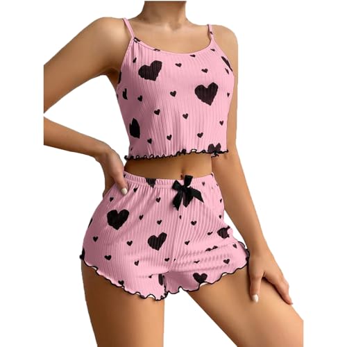 Schlafanzug Damen Kurz, Shorty Pyjama Damen Sexy Ärmellos Cami Tops und Schlafshort Zweiteiliger mit Liebe Muster Bauchfrei Nachtwäsche 2 Pieces Outfits Sommer Cute Sleepwear Hausanzug von Generisch