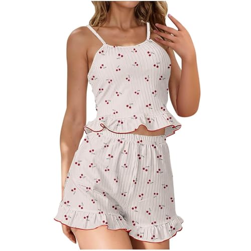 Schlafanzug Damen Kurz Pyjama Set mit gestempelt Spaghettiträger Camisole Top und Shorts Zweiteiler Outfit Sommer Bequem Lounge Set Ärmellos Hausanzug Nachtwäsche Loungewear Sleepwear Set von Generisch