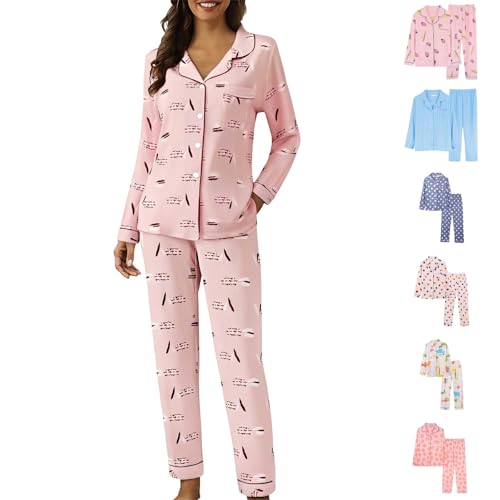 Schlafanzug Damen Lang Baumwolle, Pyjama Set Damen Lange Hose Nachtwäsche Weich Zweiteiliges Set Atmungsaktives Pjs Lounge Sets Mit Taschen Hausanzug Freizeitanzug Sleepwear Elegant Damenanzug von Generisch